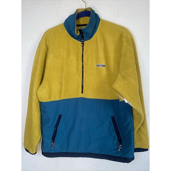 OBEY Men GALLAGHER Fleece Sweater Jacket 3/4 Zip Pockets Bungee Waist Yellow S - Picture 1 of 12
